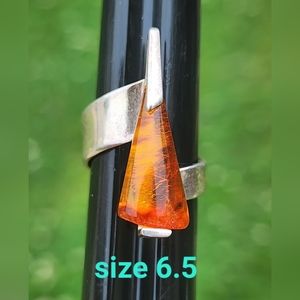 Modernist abstract artist signed sterling silver Amber ring size 6.5